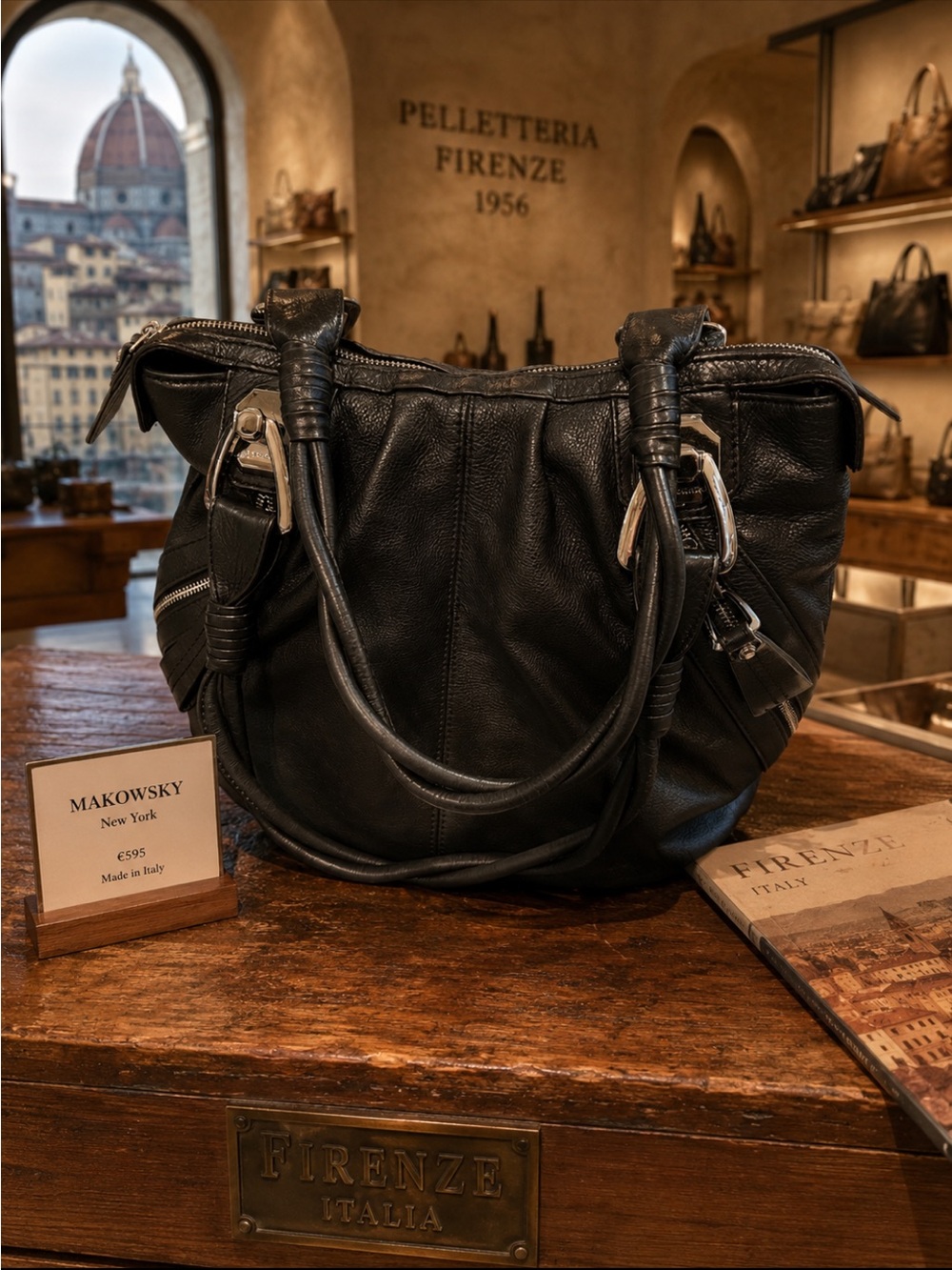B. Makowsky Black Leather Hobo Bag with heavy silver hardware